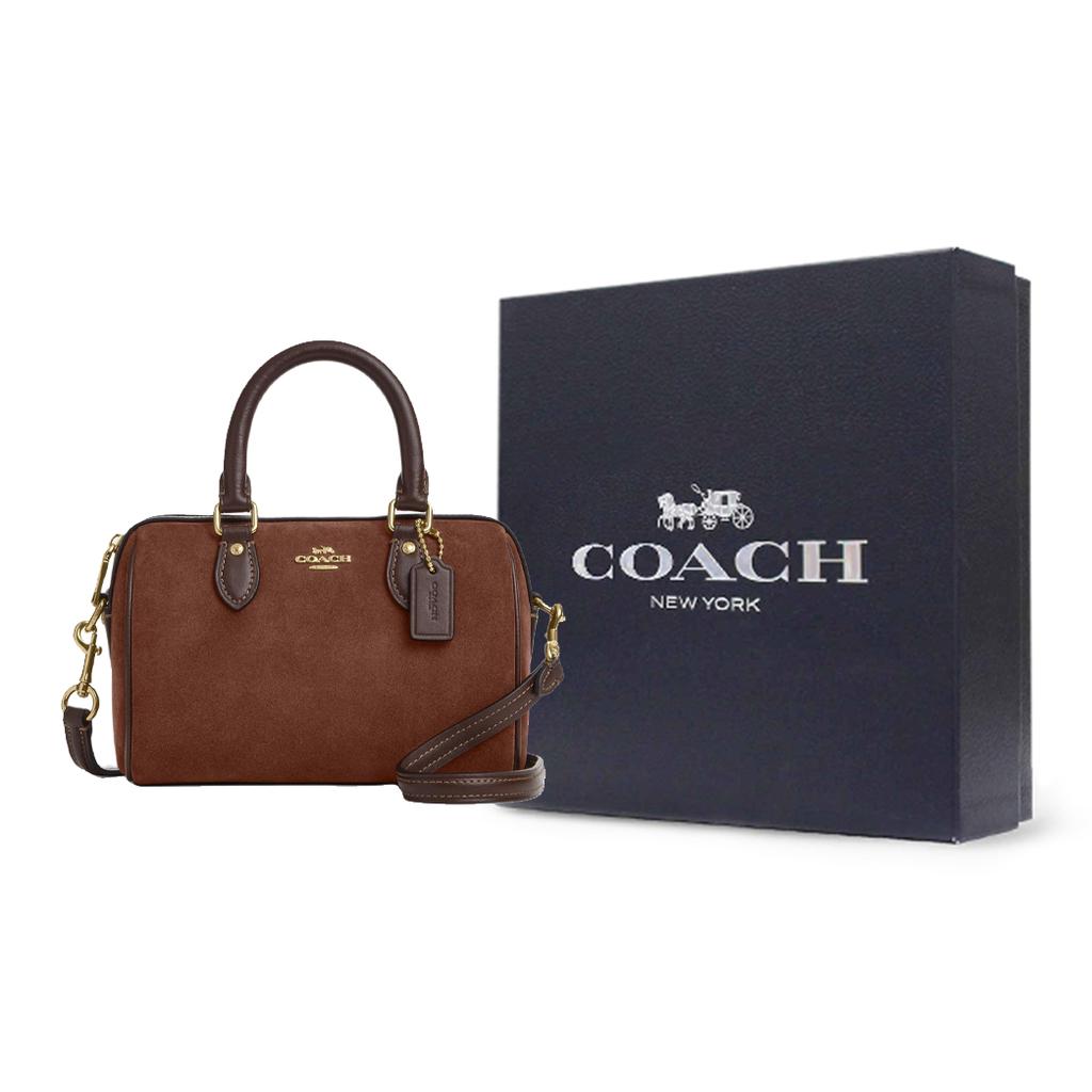 Coach Rowan 17 Gold Logo Suede Leather Boston Cylinder Handbag Small Vintage Brown Women Handbags CCF29-IME0S