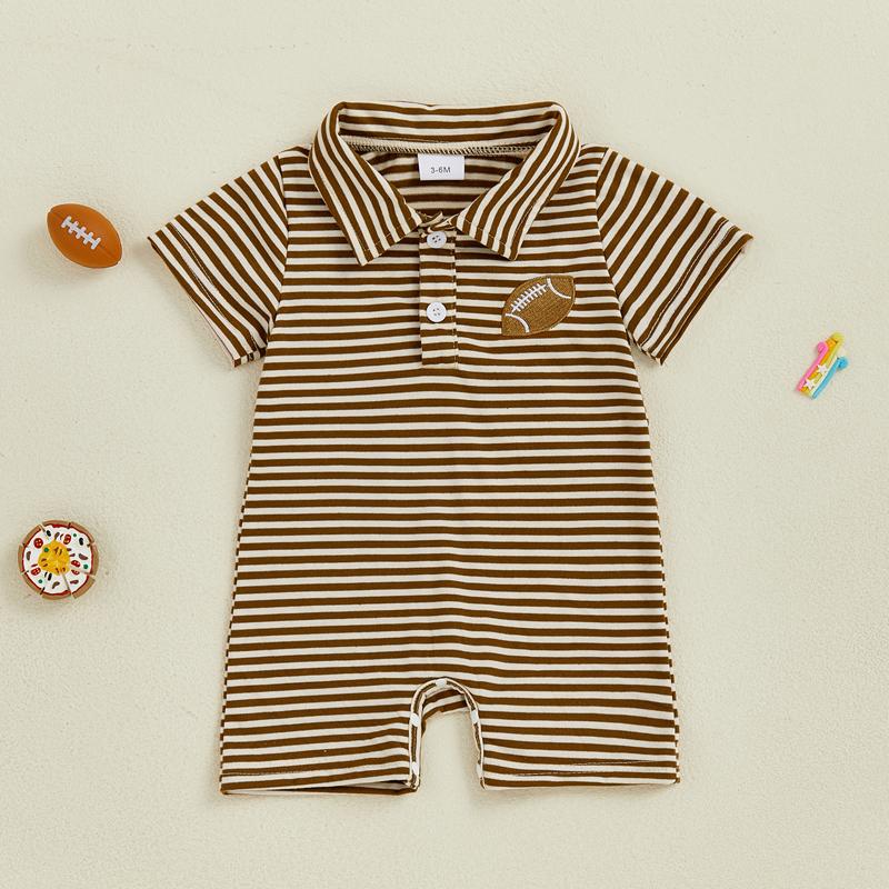 

Baby Boy Romper Summer Short Sleeve Lapel Collar Button Front Football Embroidery Jumpsuit Newborn Baby Clothes 0-3M