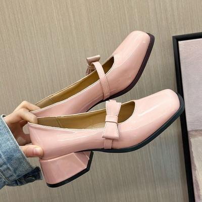 Spring New High Heels Medium Thick Heel Fashion Square Head Bright Leather Single Shoes Shallow Mouth Bow Mary Jane Shoes Women's Shoes Trend