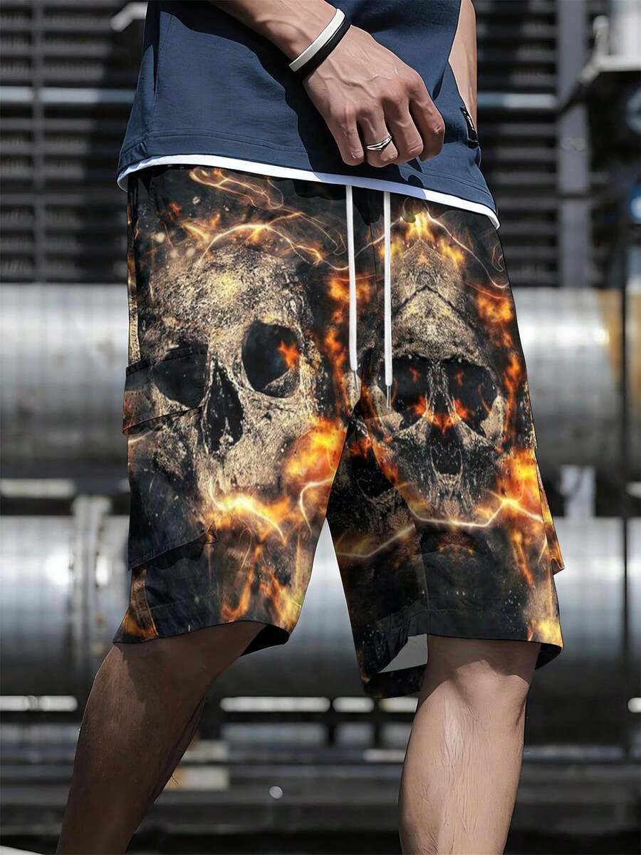 

3D Digital Printed Flame Skull Pattern Men s Beach Shorts, Summer Casual Vacation Style Men s Bottoms, Men s Cargo Pants 3XL