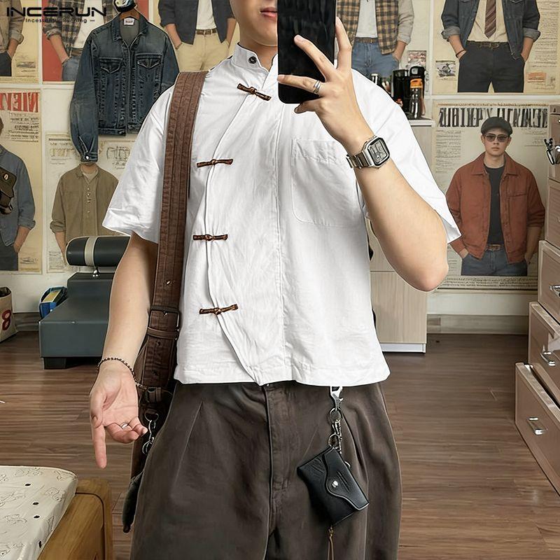 INCERUN Oversized Men Summer Short Sleeve Side Buttons Casual Vintage Tops Shirts