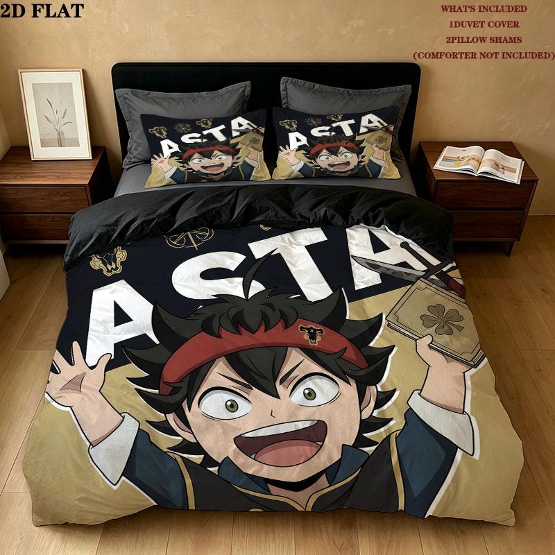 Black Clover Pattern Bedding Quilt Set Quilt Cover Pillowcase Home Birthday Gift(1 * duvet cover + 2 * pillowcase, without core)