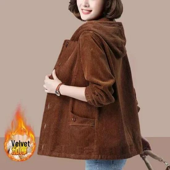 Dámská manšestrová bunda s fleecovou podšívkou, 2024 korejský styl, podzim/zima, volný střih, plus size, zeštíhlující, top s kapucí.