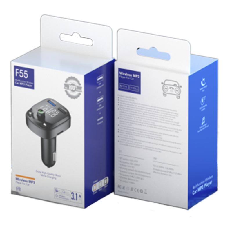 

Автомобильное зарядное устройство Bluetooth F55, FM-приемник с двумя USB-портами и MP3-плеером. F55 (Full Test Color Box Packaging) чёрный