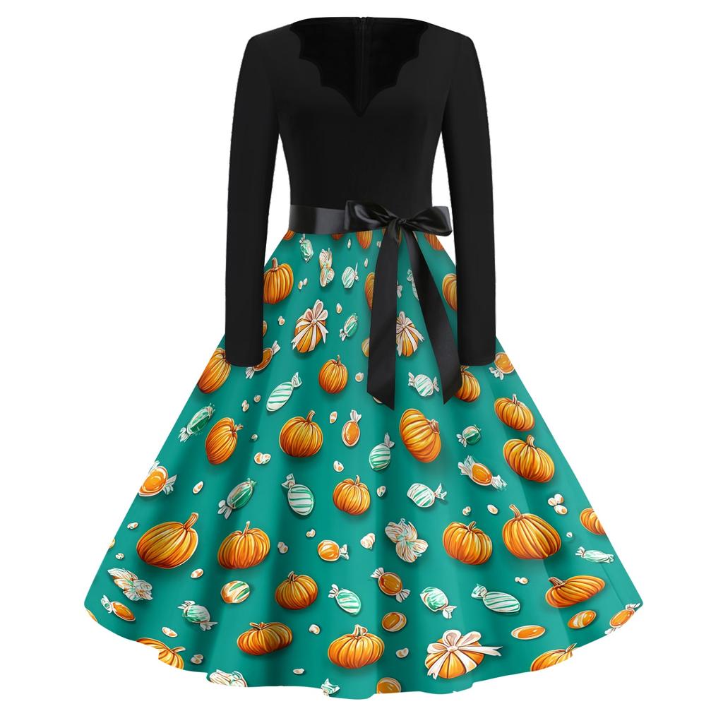 Women's Casual Vintage Halloween Print V Neck Long Sleeve Dress with Waist Tie and Flared Skirt for Everyday Wear
