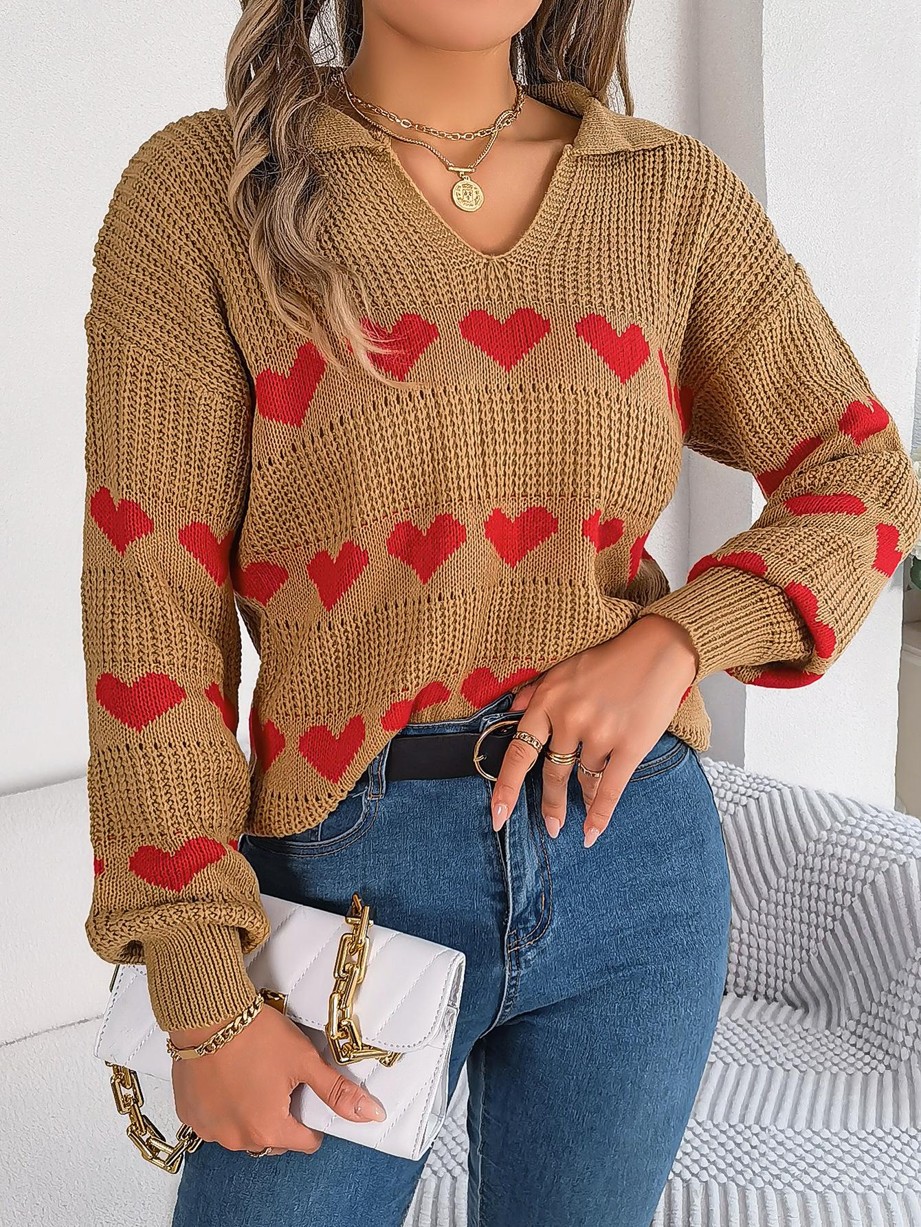 

Женский пуловер с сердцем любви, свитера, вязаный джемпер с длинными рукавами и V-образным вырезом M хаки