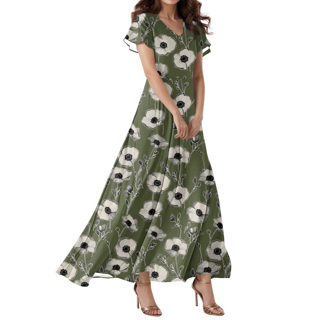 Lässiges Damenkleid mit V-Ausschnitt, kurzen Ärmeln und hoher Taille, Retro-Blumenblatt-Print