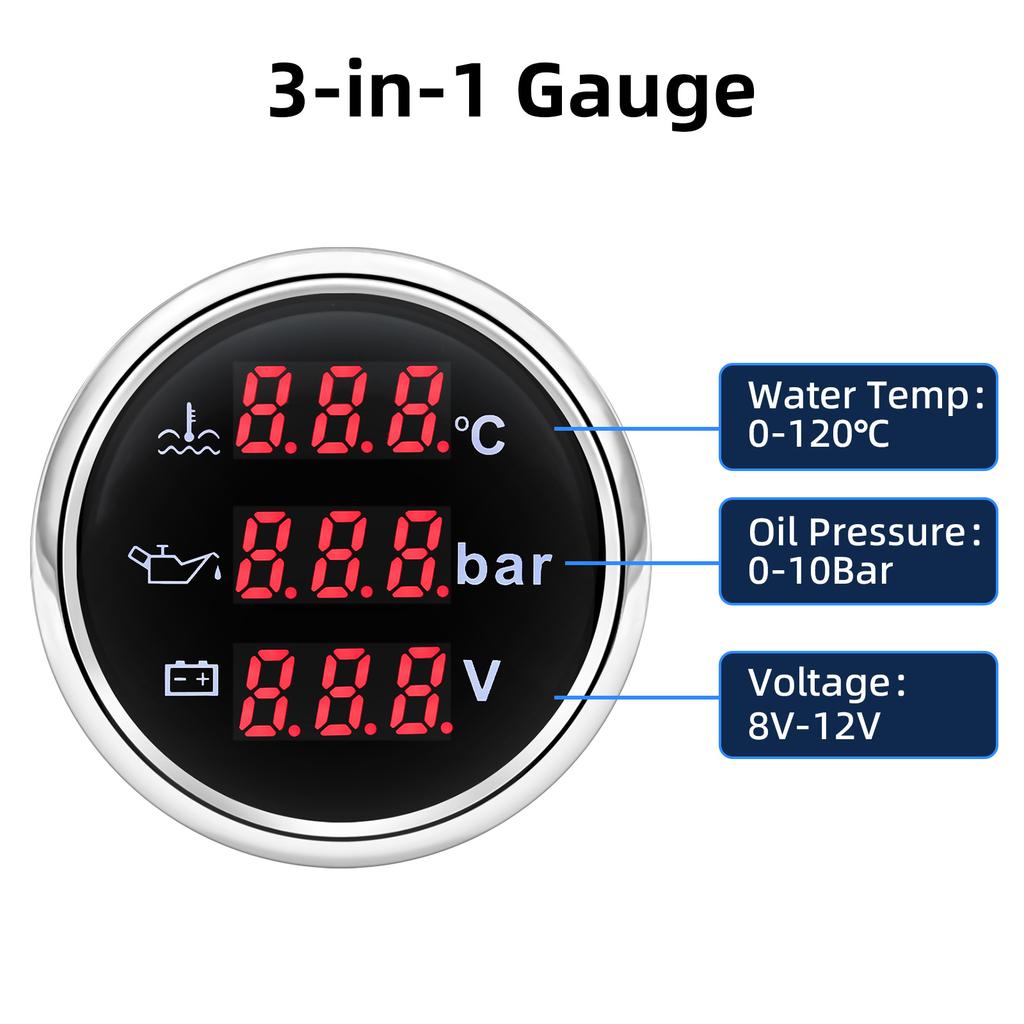 52mm Digital 3 in 1 Waterproof Car Boat Gauge For 12V24v Water Temperature Oil Pressure Voltmeter Fuel Level With Alarm Signal