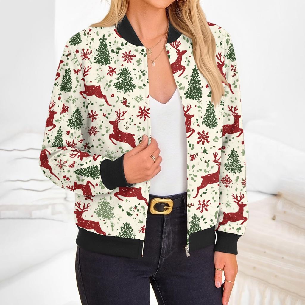 Women's Christmas Print Zip-Up Jacket with Long Sleeve Round Neck Casual Outerwear