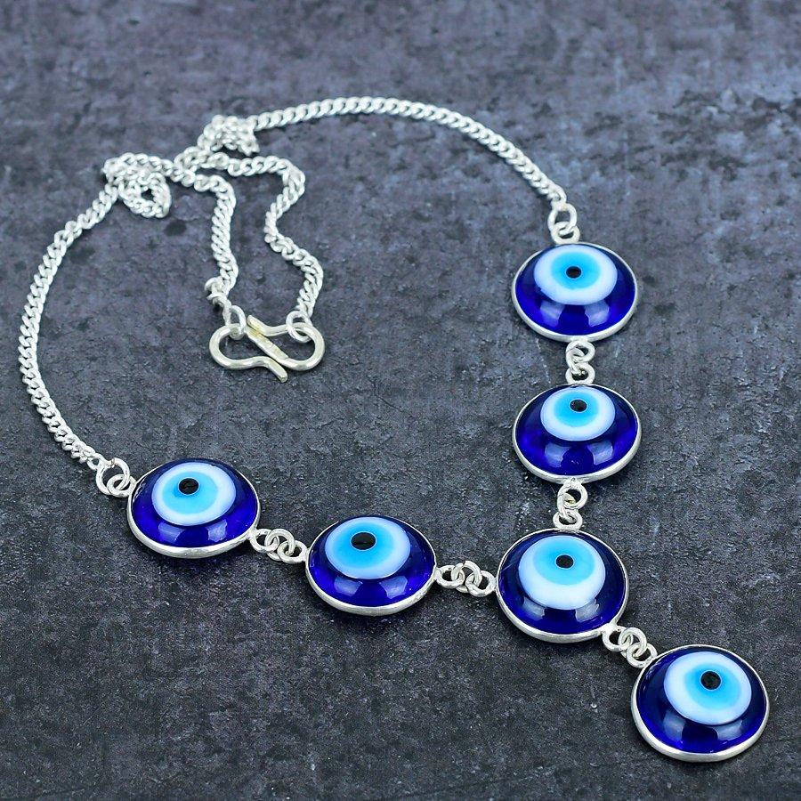 Blue Evil Eye Gemstone 925 Sterling Silver Jewelry Necklace 18"