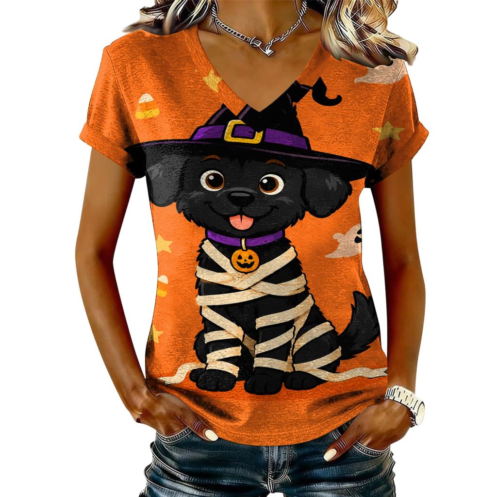 Women's V-Neck Short Sleeve T-Shirt Casual Pullover with Halloween Print Top