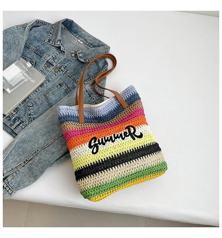 

2025 new straw woven bag women s large-capacity shopping bag striped letter beach bag literary and lightweight tote bag