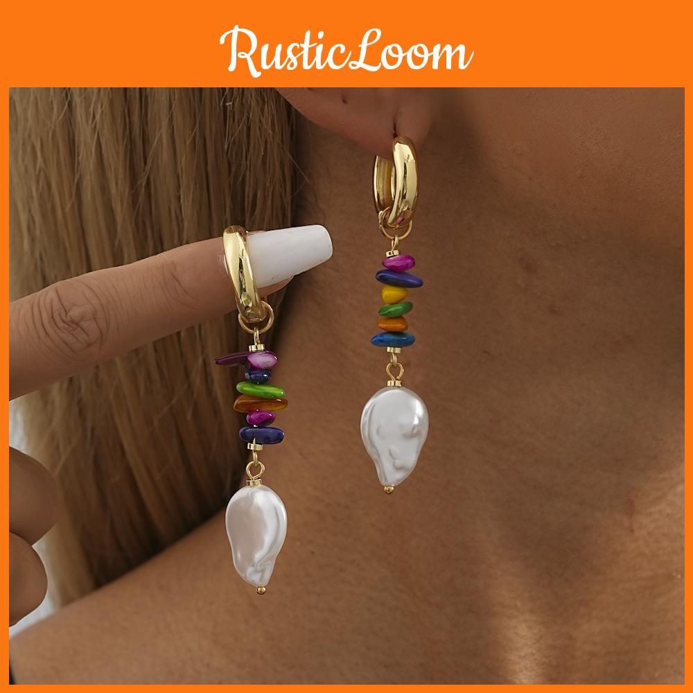 Irregular Fashionable Shape Earrings With Colorful Natural Stones And Pearls Faux