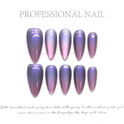 100% HANDMADE Press On Artificial Nail Almond Shape Dreamy Streamer Purple Cat Eye Phototherapy Nails Fake Nails Reusable