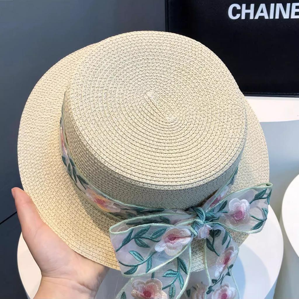 New French Bow Straw Hat Women's Flat-top Sunscreen Hat Summer Casual Sunshade Straw Sun Hat