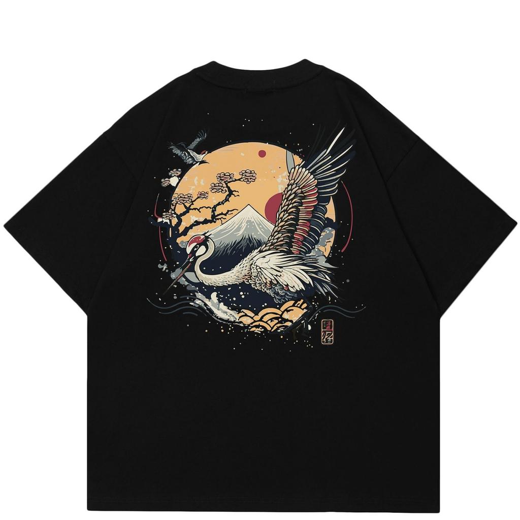 T-shirt unisex con grafica streetwear giapponese Crane Sun