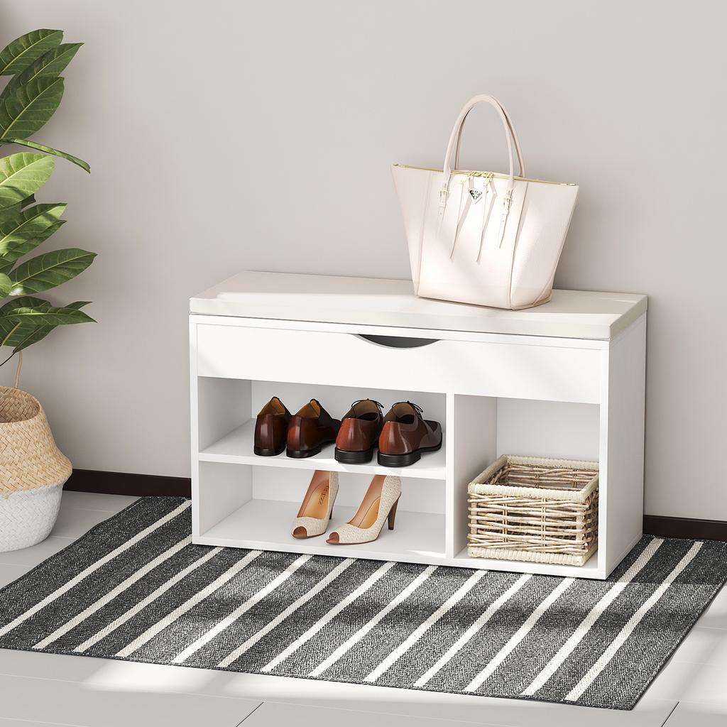 Wooden Shoes Cabinet Bench Hidden Storage Padded Seat Organiser Footwear Rack Hallway White 80 x 30 x 47 cm