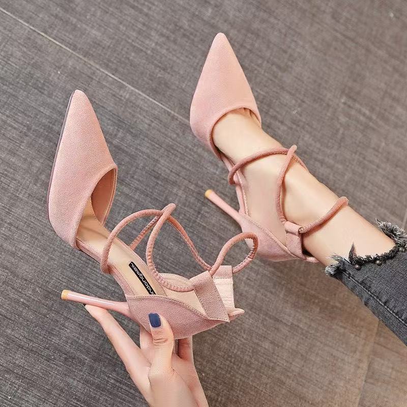 Sexy pointed high heels women s 2026 spring new temperament cross-strap single shoes suede thin heel shallow mouth women s shoes 34