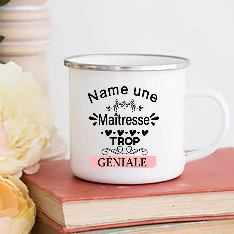Personalised Custom Name Mug Merci Maitresse Coffee Cups Drinks Water Cup Enamel Mugs School Home Handle Drinkware Teacher Gifts