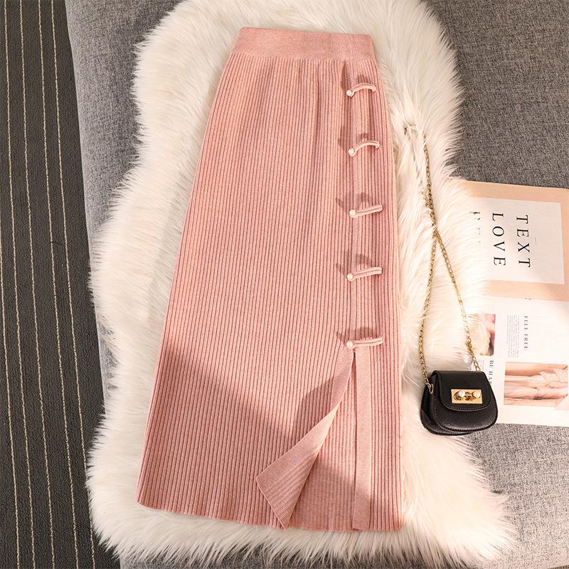 

Women s Autumn Winter High Waist Chinese Style Button Knit Midi Split A Line Pencil Skirt One Size рожевий