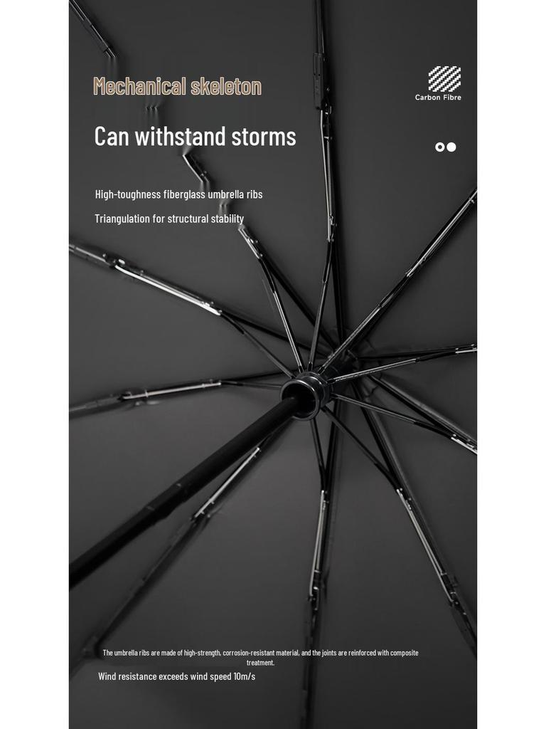 Men's Business Folding Umbrella with 10-Rib Carbon Fiber Handle, Sunscreen UV Protection, Automatic Open/Close, Rain or Shine.