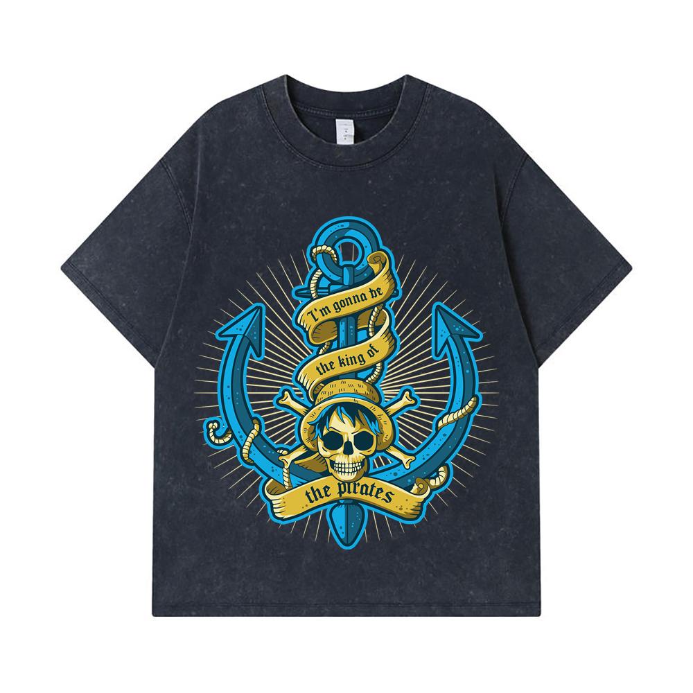275 GSM Washed T-shirts 100% Cotton One Piece V35 Luffy Kaido Logo Print Unisex Heavy Cotton T Shirt