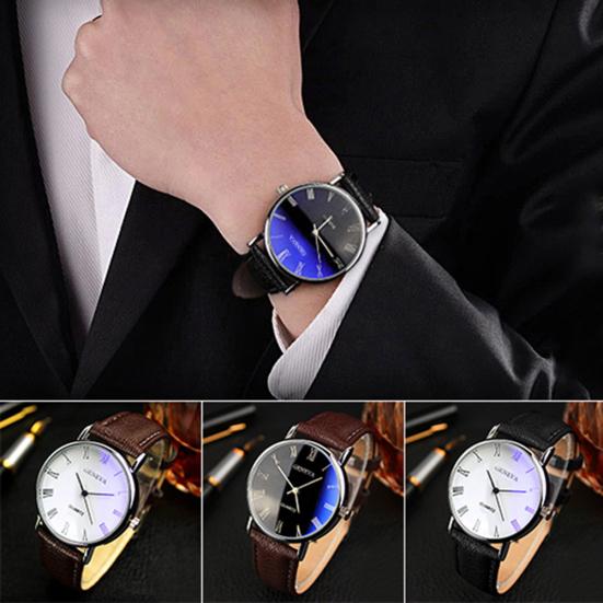 Men Roman Numerals Blu-Ray Faux Leather Band Quartz Analog Business Wrist Watch