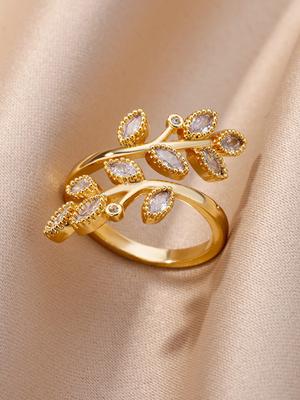 Anéis Exquisitos de Folha de Árvore com Zircônia para Mulheres Aço Inoxidável Ajustável Cor Dourada Anel de Folhas Casamento Joias de Luxo Presente
