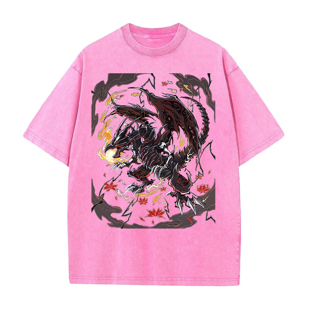 Anime T-shirt Red Eyes Black Dragon Short Sleeve Tee Shirt Vintage Summer Washed Pure Cotton Tops Men's Clothing