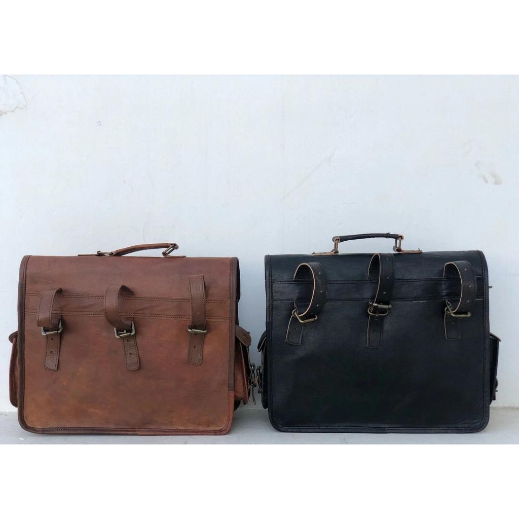 Real Leather Motorcycle Saddle Bags Two Brown/Black Leather Side Pouch Panniers