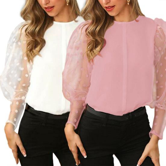 Kvinner Casual Ensfarge Rundhals Dot Mesh Lang Puffermet skjorte Bluse Topp