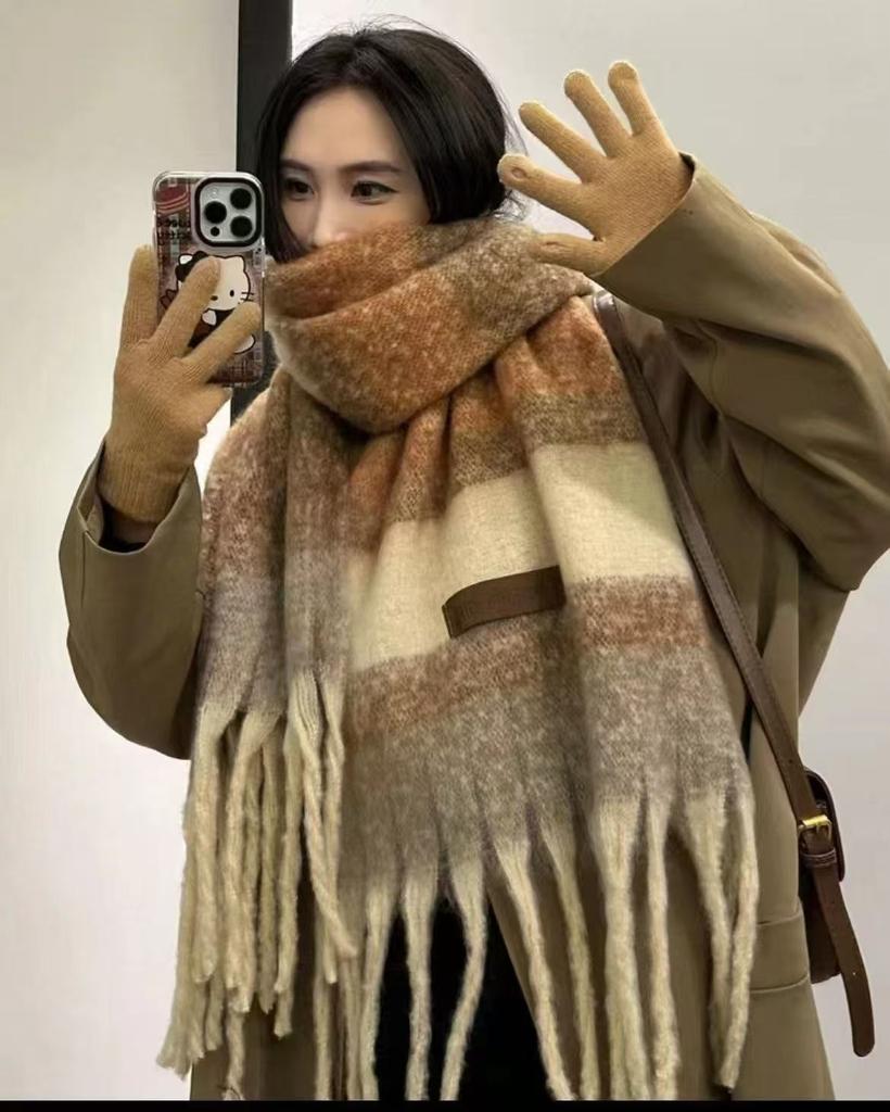 Japanese gentle mohair scarf women's winter thickened warm atmosphere student plaid shawl scarf men