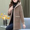 Add Velvet Plaid Coat Female Middle Aged Women's Mid-Length Cotton-Padded Jackets Winter Hooded Warm Cold-Proof Overcoat