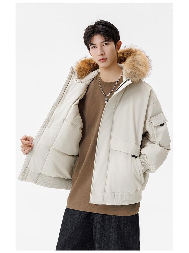 Men's and Women's Thickened Winter Down Jacket with Fur Collar, 90% White Duck Down Hooded Parka.