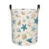 1pc, Circular Nautical Laundry Bin Featuring Turquoise Blue Starfish And Seashells, Beige Ocean-Inspired Storage Basket with Durable Black Handles, La