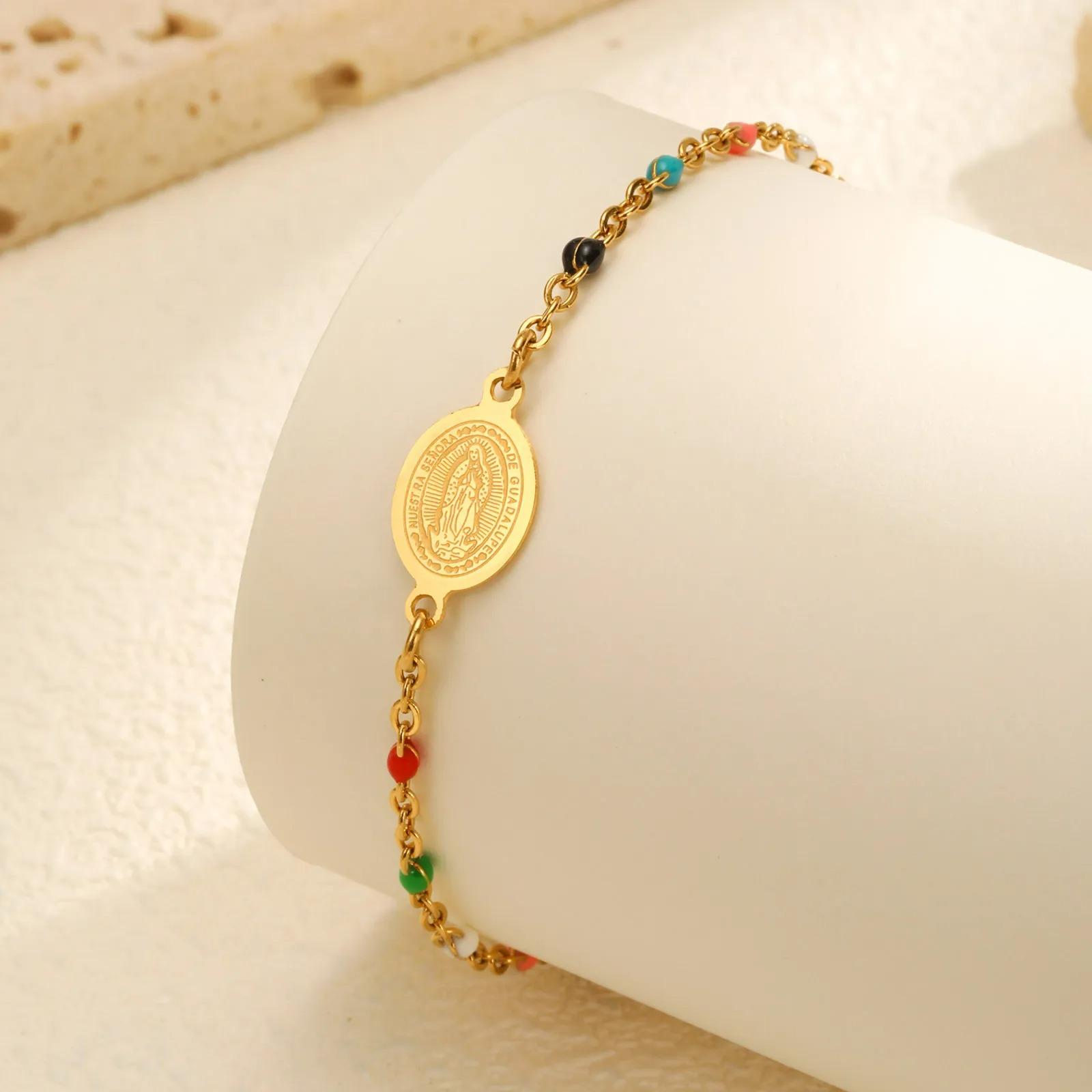 Stainless Steel The Madonna Bohemian Colored Bead Chains Virgin Bracelets for Women,Gold Color Holy Christian  Gift