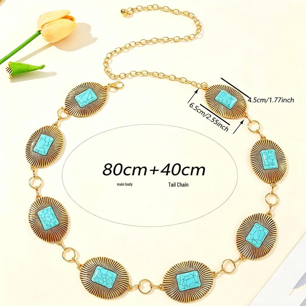 Bohemian Silver Turquoise Waist Chain - Retro Ethnic Belt for Dresses