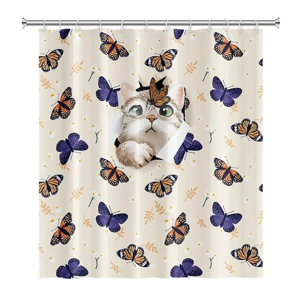 Funny Cat Shower Curtain Cartoon Cute Cats Dog Kids Shower Curtain for Bathroom Waterproof Polyester Home Decor Shower Curtains