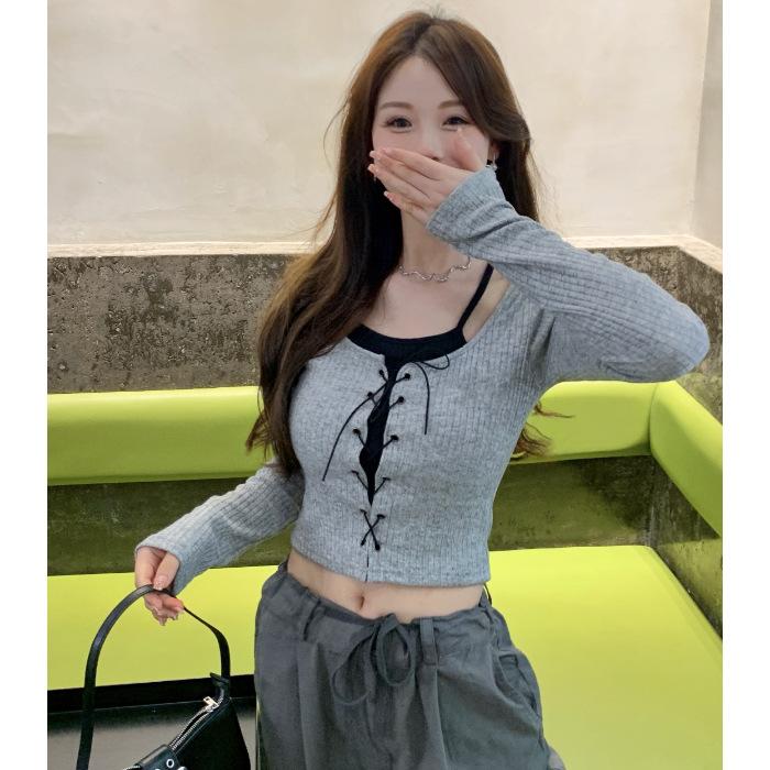 

Pure Desire Hot Girl Короткий поддельный двухсекционный топ для женщин Модная осенняя женская одежда Утягивающий американский ретро-низ One size