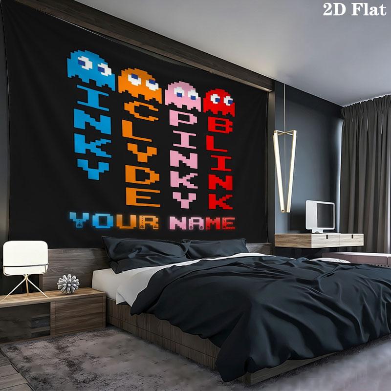 Pac-Man Custom Name Wall Tapestry Aesthetic Wall Hanging Printed Fabric Blanket Decorative Tapestries for Bedroom Living Room Home Decor