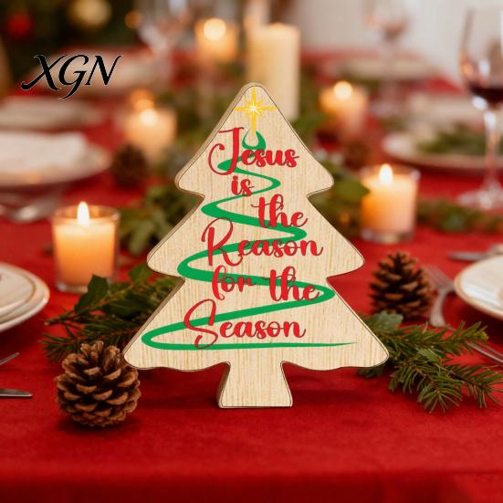 Festive Home Decor Accents Colorful Christmas Tree Tabletop Decor, Wooden Plaid Patterned Xmas Signs with Small Party Favors Merry Greetings,