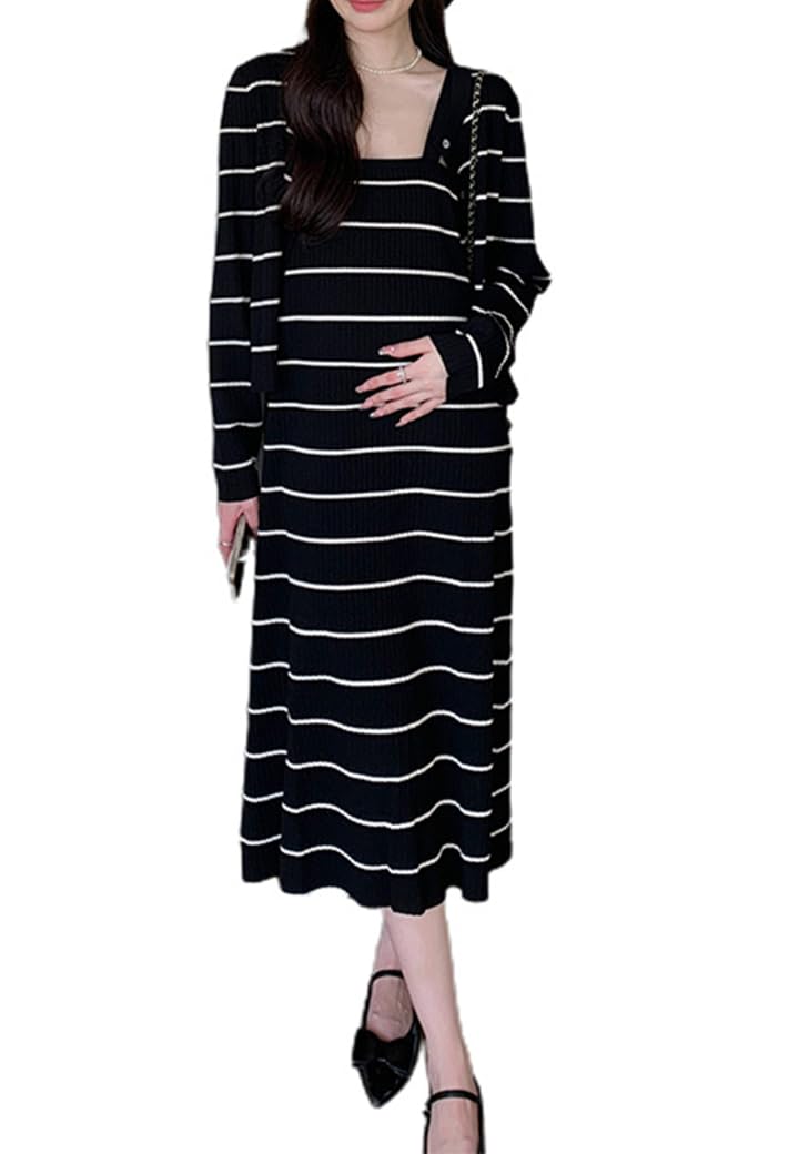 

One Piece Cardigan Top and Bottom Set Maternity Long Dress [RIRIOA] Women s (Black) чёрный