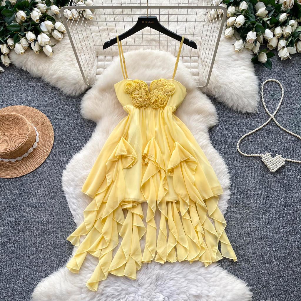 French yellow suspender pure desire wind dress women's summer irregular cake skirt ruffle edge vacation skirt high sense