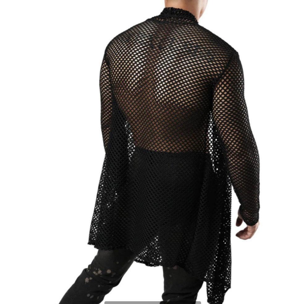 2025 Hollow Out See-through Mesh Sexy Long Trench Coat Mens Summer Gothic Punk Long Jacket Cloak