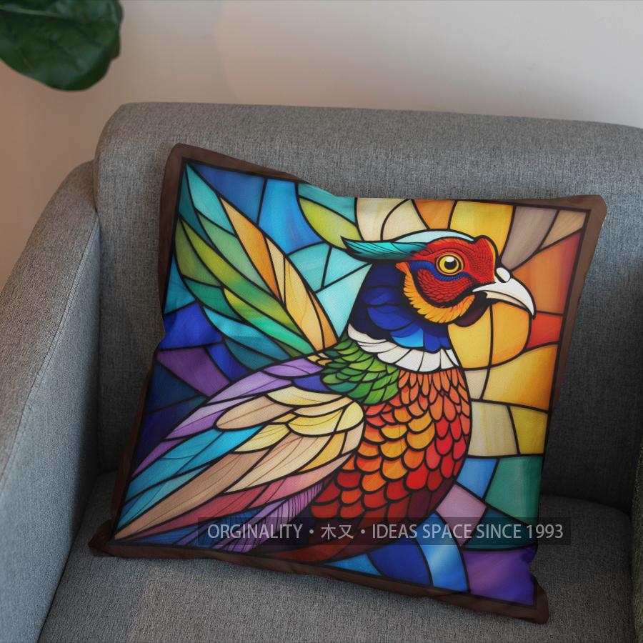 2D Colorful Stained Glass Pheasant-Patterned Pillowcase Pattern Cushion Cover Suitable For Sofa Bedroom Car Pillow Cover