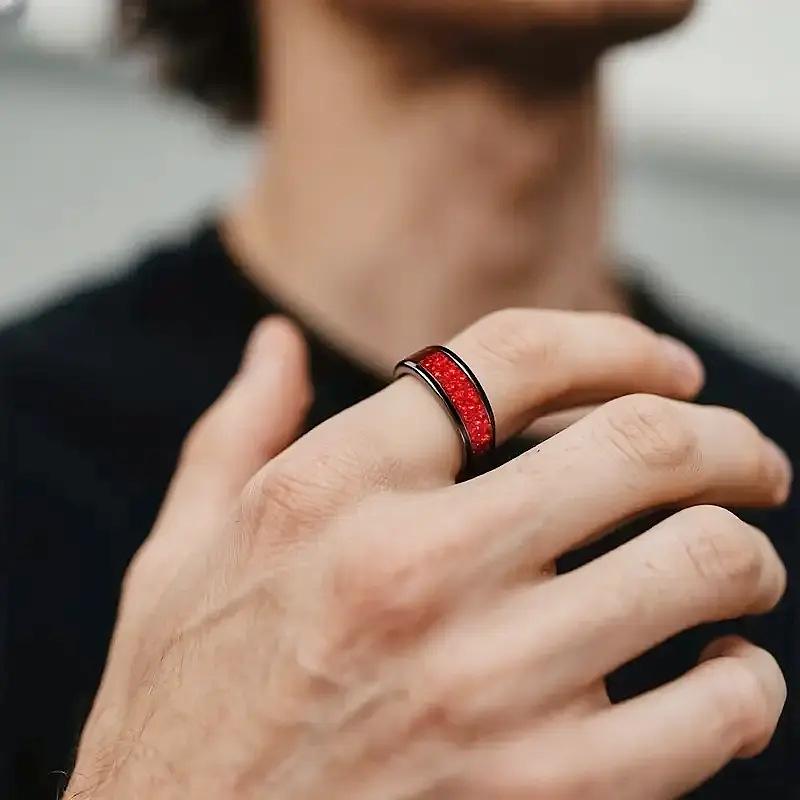 8MM Fashion Red Men's Rings Unique Black Stainless Steel Rings for Women Engagement Wedding Band Jewelry Gift Party Accessories