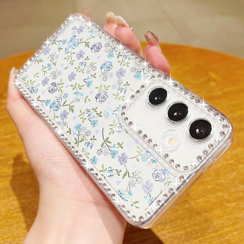 Silver Rose Flowers Diamond Case For Samsung Galaxy S25 Edge S24 Ultra S23 S22 S21 FE A54 A15 A35 A55 A16 A26 A36 A56 5G Capa