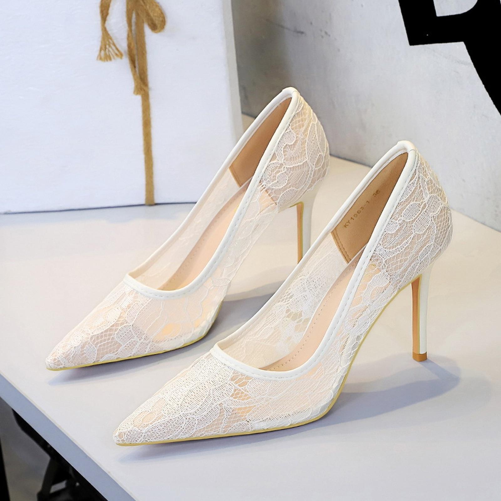 

Women s Lace Mesh Stiletto Heels Pointed Toe Slim Party Pumps 38 білий
