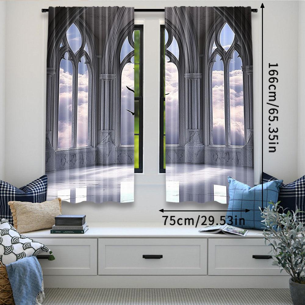 Set Of 2 Gothic Curtains Medieval Stone Balcony Graphic Design Mystic Middle Age Story Bedroom Living Room Dining Curtain Polyester Ideal For