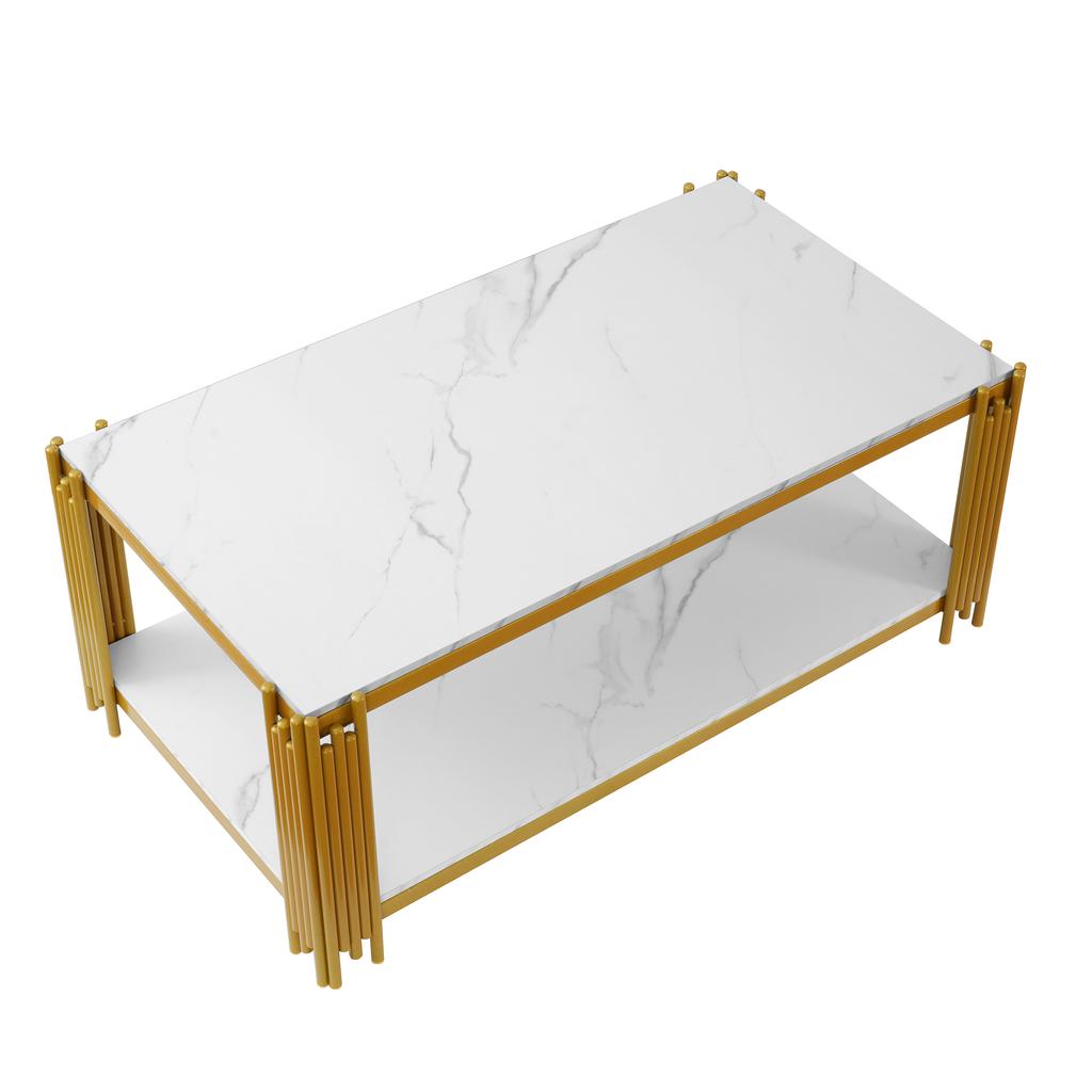 Rechteckiger Couchtisch mit Metallbeinen, Marmorierte Tischplatte, Moderne Wohnzimmermöbel, Weiß-Gold – H46/B1140/T64 cm